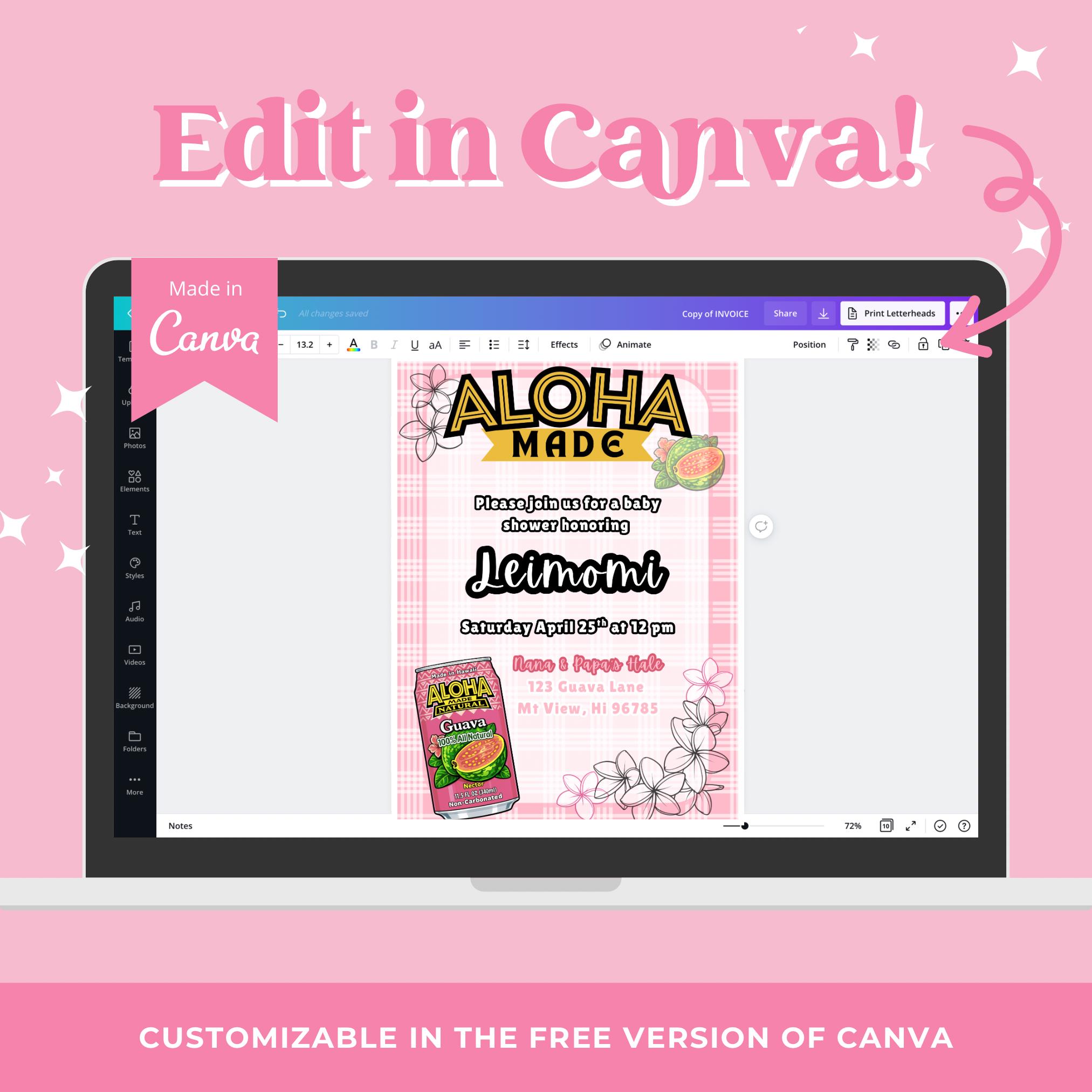 Editable Pink Palaka Baby Shower Invitation, Hawaiian Guava Nectar ...