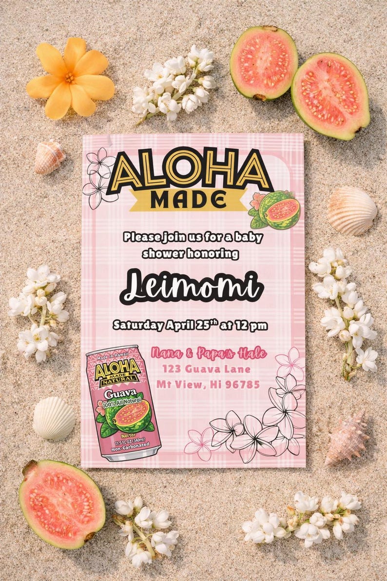 Editable Pink Palaka Baby Shower Invitation, Hawaiian Guava Nectar ...