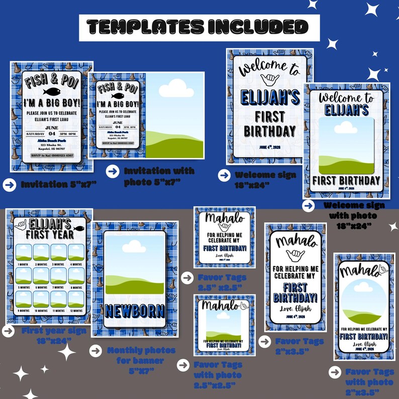 Editable Blue Palaka Luau First Birthday Invitation Bundle, (digital ...