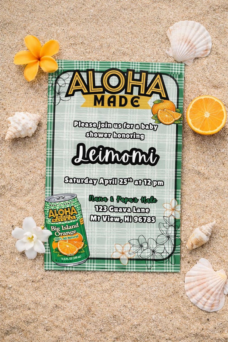 Editable Hawaiian Baby Shower Invitation, Aloha Maid Drink Orange Theme ...