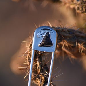 May include: A silver safety pin with a black and white stone design on the top. The pin is hanging from a prickly plant.