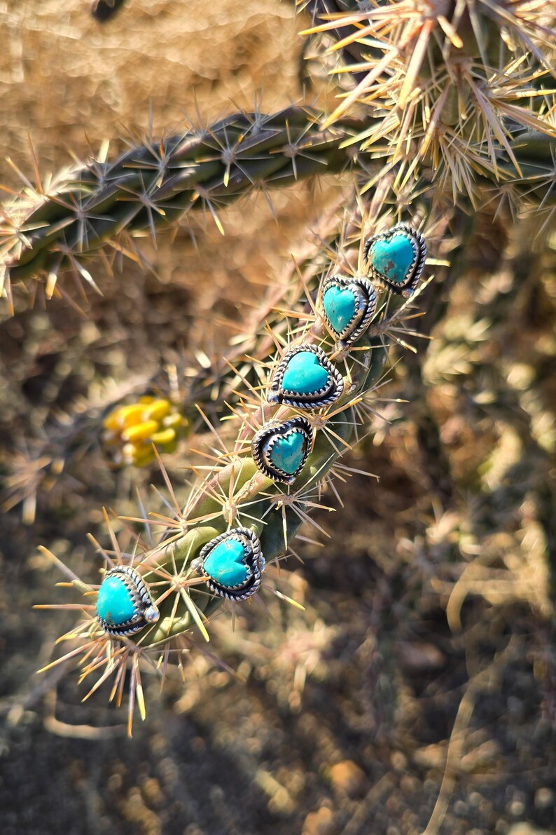 May include: A close-up shot of heart-shaped turquoise earrings with silver-colored metal trim. The earrings are arranged on a cactus branch with sharp spines. The background is blurred, showing a desert environment.