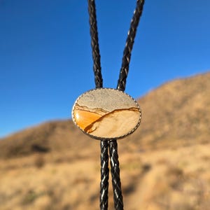 May include: Oval bolo tie with a natural stone pendant featuring tan and orange hues, set in a silver-toned frame. The braided black leather cord hangs against a backdrop of a desert landscape and a clear blue sky.