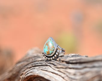 Thunder Creek turquoise teardrop silver handmade split ring size 7.75 US with embellishments