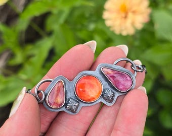 Purple Orange Spiny Oyster silver pendant 17" necklace handmade western style