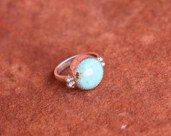 Blue turquoise round silver handmade ring size 7.5 US with small ball embellishments