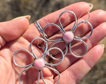 Large dangling daisy with pink Conch shell sterling silver earring pair handmade