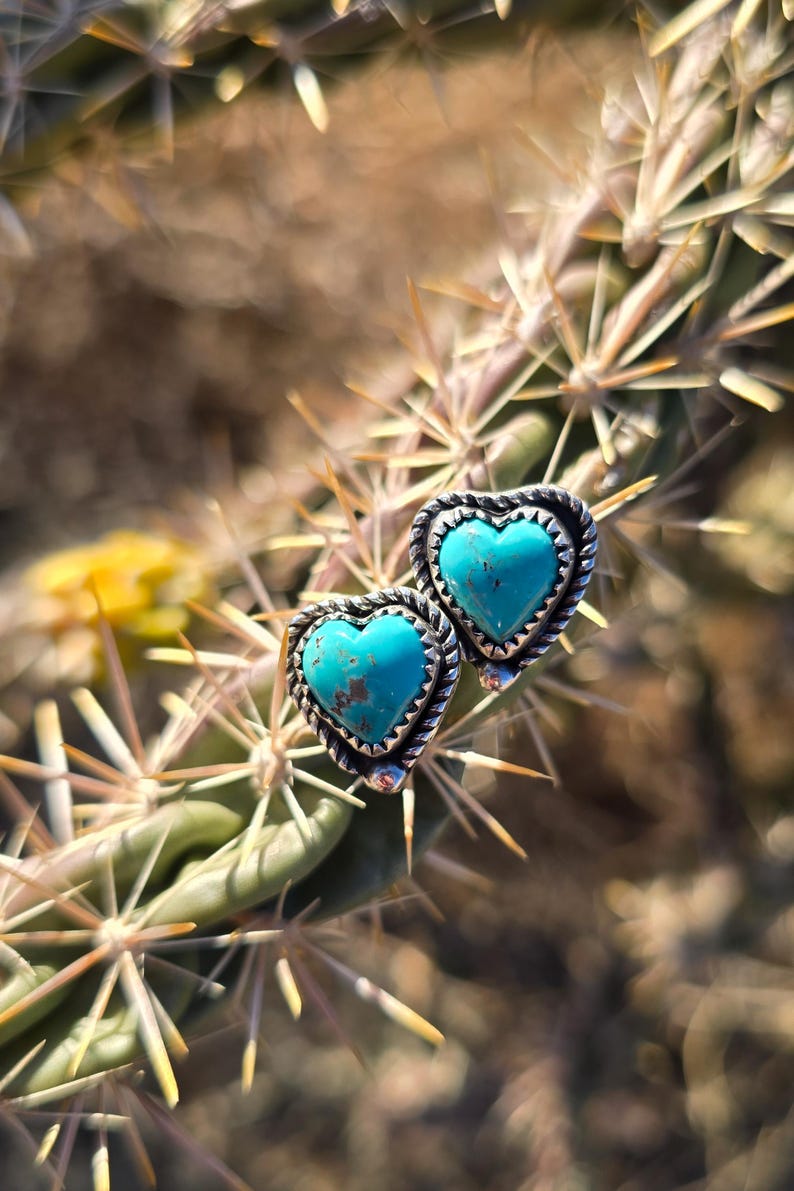 May include: A pair of heart-shaped turquoise earrings with a silver rope-like border. The earrings are set against a blurred background of a cactus with sharp spines, creating a Southwestern aesthetic.