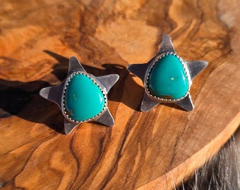 Star teal green Sonoran turquoise sterling silver post earring pair handmade