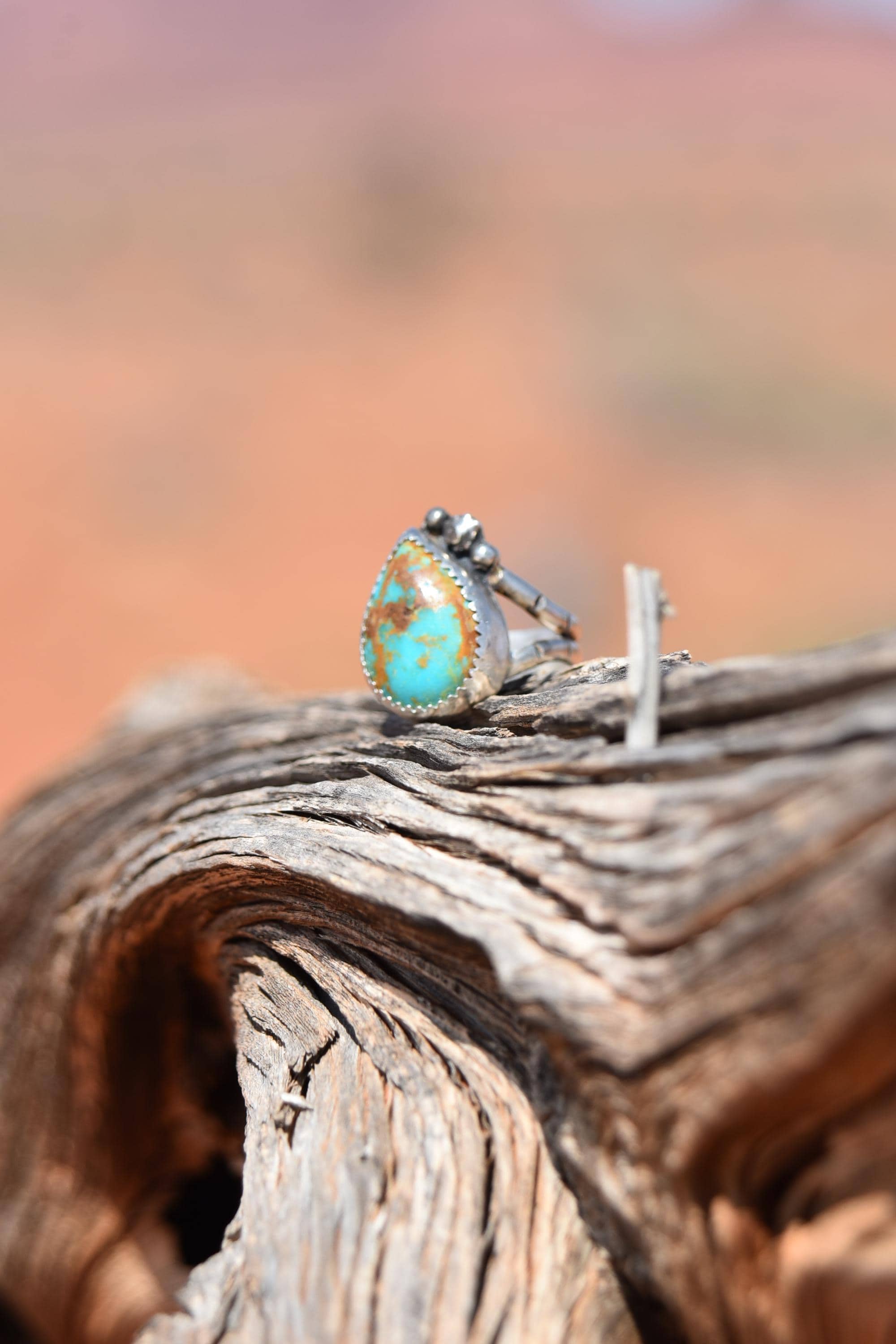 Thunder Creek turquoise teardrop silver handmade split ring size 6.75 US with embellishments