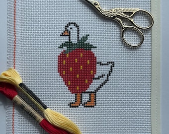 Strawberry Duck Handpainted Needlepoint 13 mesh canvas