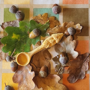 May include: A carved wooden spoon lies amongst autumnal oak leaves and acorns. The leaves are various shades of green and brown, and the acorns have textured caps. The background is a checkered pattern of orange, yellow, green, and brown.
