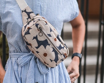 Gesteppte Bauchtasche mit Blumenmuster, kleine Umhängetasche aus Baumwolle und Canvas