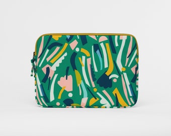 MacBook Sleeve with Bright Abstract Shapes in Green and Yellow, Modern Laptop Bag, Padded iPad Case