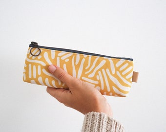 Pencil Case with Abstract Lines in Mustard, Small Make Up Bag, Stationary Zipper Case, Perfect Gift for School