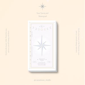 May include: A white Star Tarotcard Memopad with a celestial design. The cover features a large, eight-pointed star and moon phases. Text includes "Searching for the Star" and other details. The background is a soft beige.