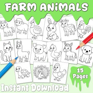 以下が含まれることがあります： 馬、羊、鶏、ウサギ、牛、オンドリ、猫、ラマ、豚、アヒル、ロバ、犬、カメ、クジャク、メンドリなど、15枚の印刷可能な塗り絵のコレクション。 「FARM ANIMALS」と「INSTANT DOWNLOAD」の文字が表示されています。