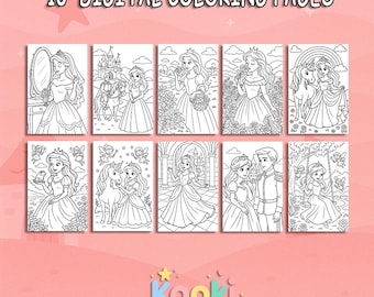 Puede incluir: 10 páginas para colorear digitales con princesas, unicornios y otros personajes de cuentos de hadas. Las páginas son en blanco y negro y están listas para colorear.