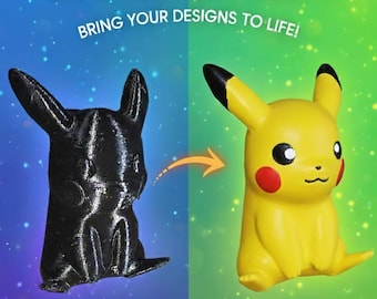 May include: Image showcasing custom 3D prints. The left side displays a black raw 3D print of a Pikachu figure. The right side shows the same figure after a hand-painted finish, now yellow with red cheeks and black ear tips. Text reads "CUSTOM 3D PRINTS".