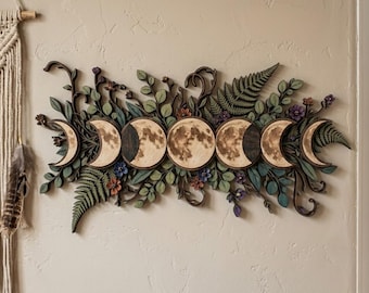 Floral Moon Phase Wooden Wall Art, Mystical Witchy Bedroom Decor, Celestial Botanical Wood Sign