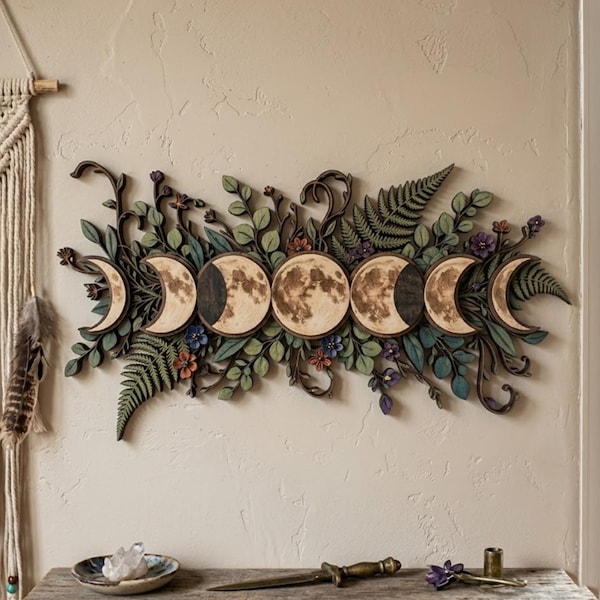 Floral Moon Phase Wooden Wall Art, Mystical Witchy Bedroom Decor, Celestial Botanical Wood Sign