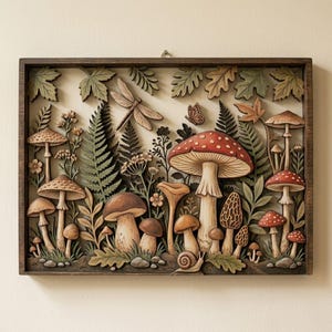 Vintage Mushroom Wooden Sign, Retro Boho Fungi Wall Art, Botanical Nature Cottagecore Decor