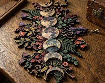 Moon Phase Floral Wooden Sign, Botanical Celestial Wall Art, Mystical Bedroom Decor
