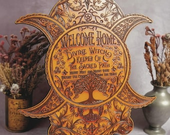 Wiccan Welcome Home Wooden Sign, Engraved Witch Protection Board, Triple Moon Wall Art, Vintage Pagan Altar Decor
