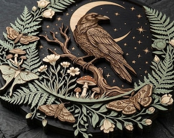 Crescent Moon Raven Wooden Wall Art, Witchy Gothic Wood Decor, Mystical Raven Wall Hanging