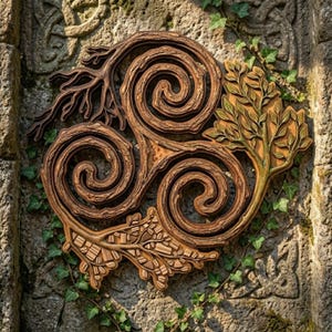 Triskelion 2D-tryckt flerskiktad träväggkonst, keltisk trippelspiral trädekor, wicca hednisk altareväggbonad