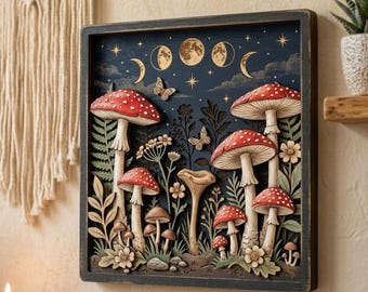 Vintage Moon Phase Mushroom Wooden Sign, Retro Boho Fungi Wall Art, Botanical Nature Witchery Cottagecore Decor