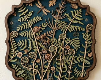 Botanical Fern 2D Printed Multi layers Ply Wood Wall Art, Horsetail Leaf Wood Decor, Rustic Bohemian Wall Hanging