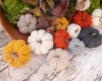Handmade crocheted pumpkins – autumn decoration in 3 sizes – set or individual pieces – natural decoration with wooden stem – choice of colors possible