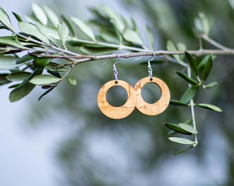 NATUREA Hoop Earrings Olive Wood – Handmade Wooden Earrings – Natural Wooden Jewelry – Round Dangle Earrings – Sustainable Wooden Jewelry