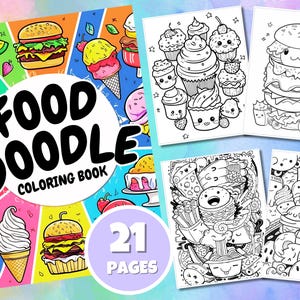 Food Doodles Coloring Book, Cute and Sweet Instant Download Printable PDF Colorable Pages, Fun Relaxing Illustrations for Stress-Relief