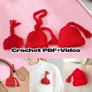 May include: Red crochet miniature hats with long braids and tassels. The image includes three hats, a brooch, and a keychain charm. The text "Crochet PDF+Video" is displayed on the image. These handmade items are perfect for crafting projects.