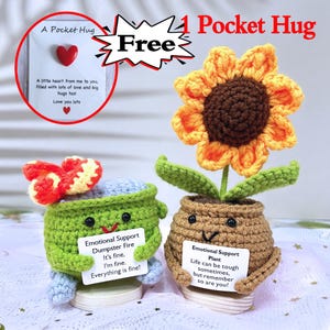 Set de regalo de apoyo emocional "Bote de Basura en Llamas" hecho a mano en crochet con forma de girasol, tarjeta de abrazo de bolsillo para aliviar el estrés.