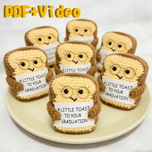 May include: A collection of crocheted toast-shaped figures, each with small round glasses and holding a sign that reads "A LITTLE TOAST TO YOUR GRADUATION." The toast is light brown with darker brown edges and arms, set on a cream-colored plate.