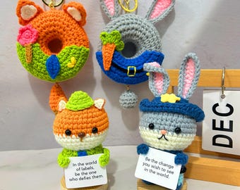 Crochet Animal Dolls,Rabbit And Fox Dolls,Animal Toy Keychains,Gifts For Children,Crochet Animal Donut Keychain,Valentine Gift,Gift For Her