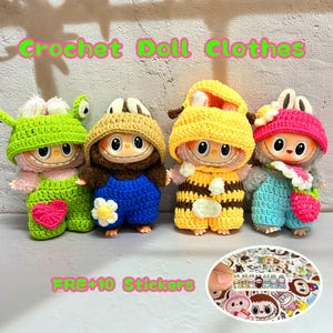 Gehaakte Labubu-kleding - set kleine bij/kleine kikker/zonnebloem/aardbei, minipoppenkleding, handgemaakte labubu-outfits (geen pop)