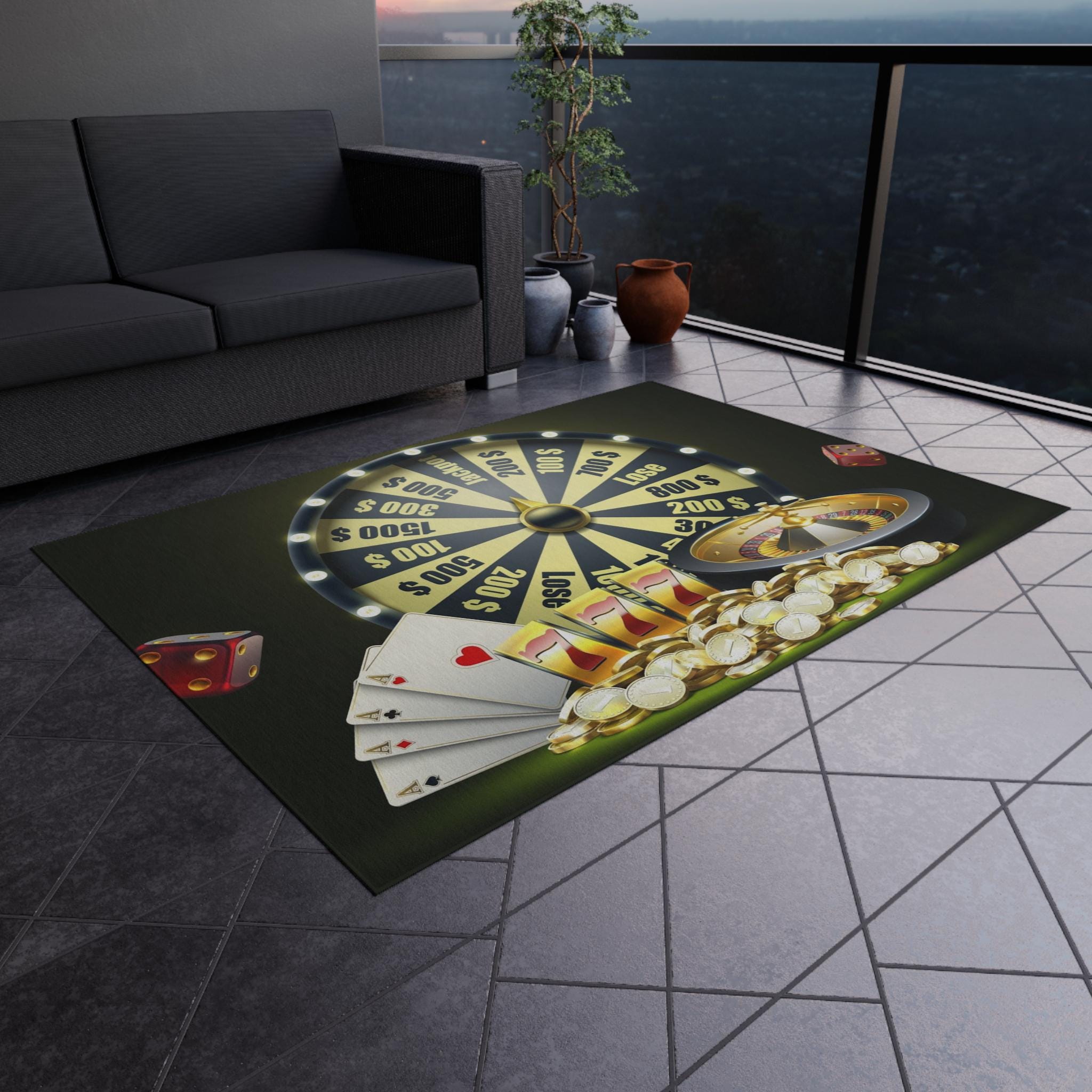 Casino-Themed Outdoor Rug, Game Room Decor, Patio Mat, Gambling Decoration, Outdoor Patio Accessory, Party Essentials