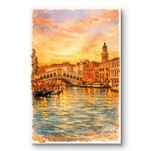 Peut inclure: Peinture à l'aquarelle de Venise au coucher du soleil. Le pont du Rialto enjambe le Grand Canal, reflétant les teintes chaudes du ciel. Des gondoles sont amarrées et des bâtiments bordent le canal, éclairés par une lumière dorée. Thème de voyage vintage.