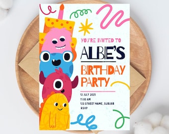 May include: A colorful birthday party invitation featuring stacked cartoon monsters. The invitation reads "You're invited to Albie's Birthday Party" with date, time, and address details. The invitation is on a wooden plate.