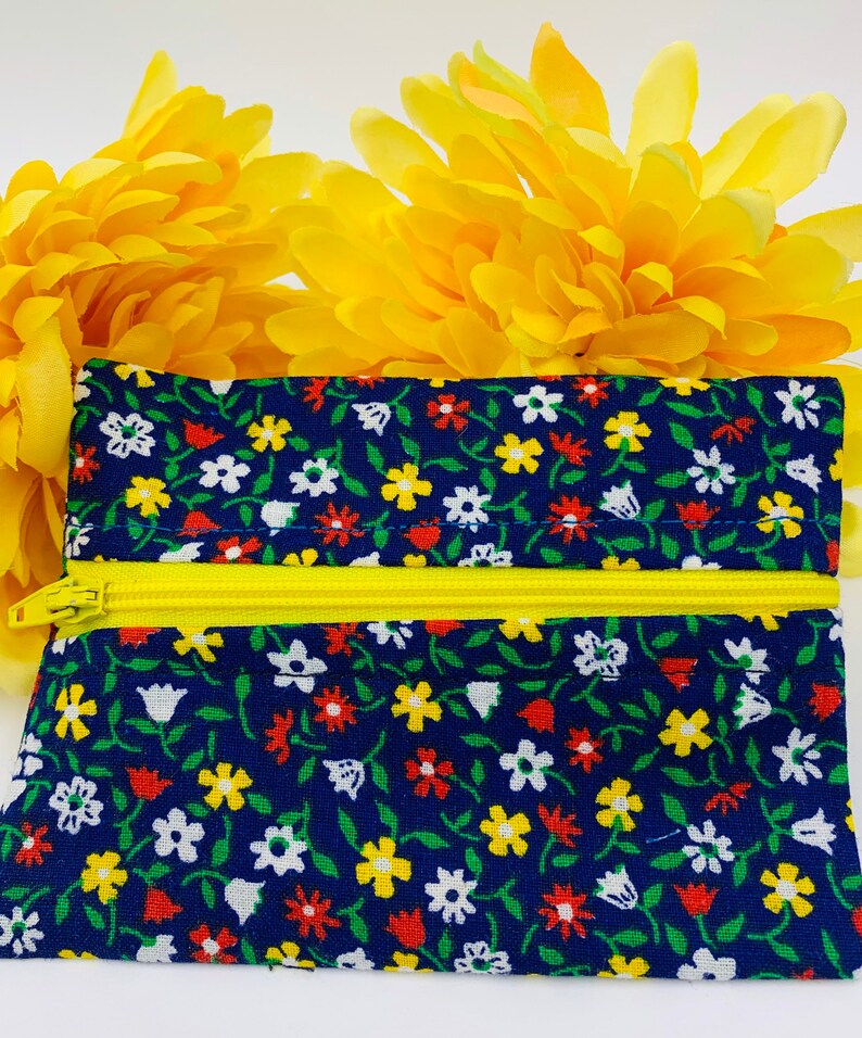 Handmade Floral Zippered Coin Purse Pretty Vintage Blue Floral Fabric Multi-Colored Flower Print Zippered Credit Card Pouch