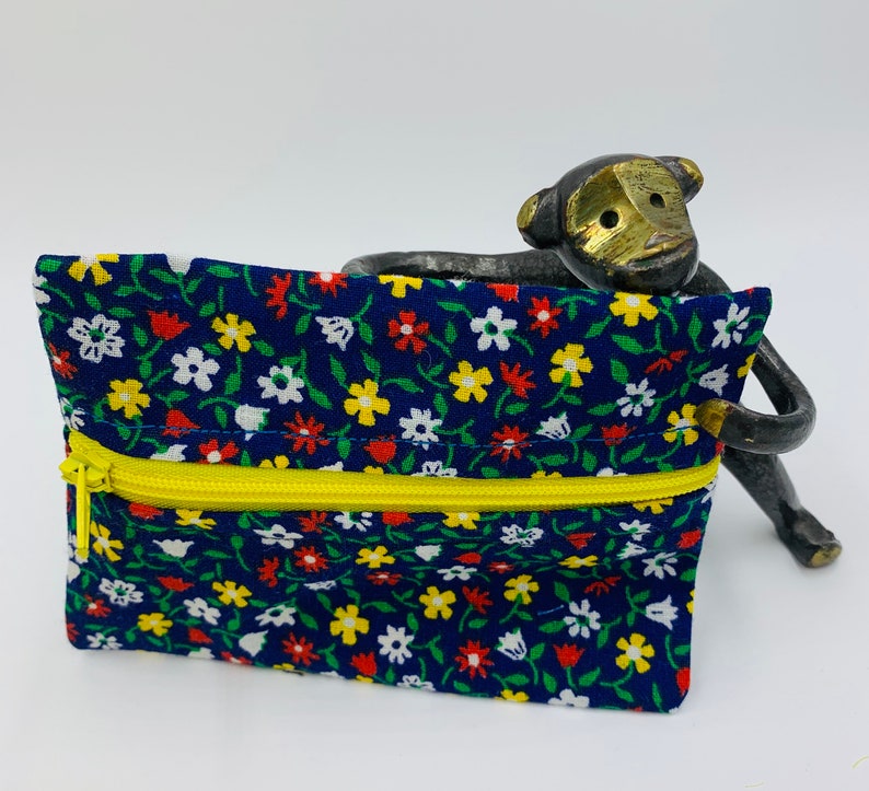 Handmade Floral Zippered Coin Purse Pretty Vintage Blue Floral Fabric Multi-Colored Flower Print Zippered Credit Card Pouch