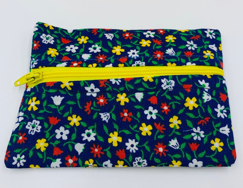 Handmade Floral Zippered Coin Purse Pretty Vintage Blue Floral Fabric Multi-Colored Flower Print Zippered Credit Card Pouch
