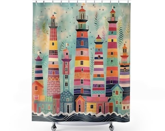 Skandinavischer Leuchtturm-Duschvorhang - lebendiges nautisches Dekor, Strandhaus-Accessoire, Geschenk zum Thema Ozean, Badezimmer-Umarbeitung