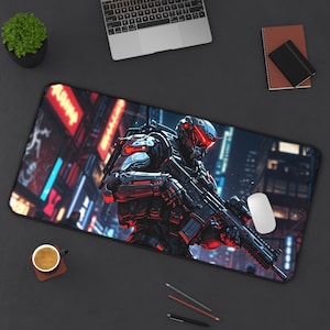 Sci Fi Soldier Desk Mat - FPS Gamer Playmat, XXL Mousepad for E Sport, Cyberpunk Character Design
