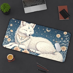 Alfombrilla de ratón Celestial Fox extendida para escritorio, alfombrilla de ratón con bordes dobladillados antideslizantes para gamers