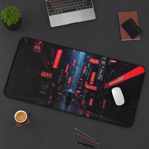 Cyberpunk Desk Mat, Red And Black Mouse Pad, Dystopian Futuristic Desk Pad, XL Gaming Accessory